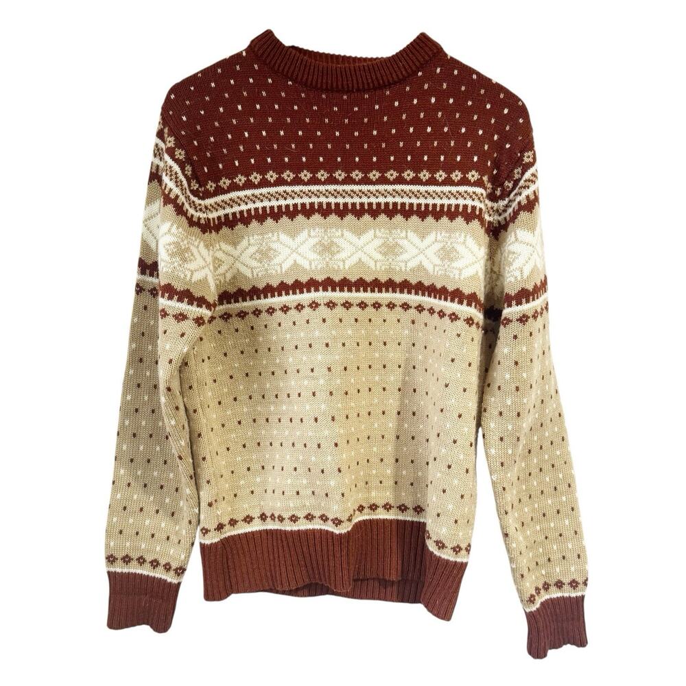 Vintage Mike’s Place Men Fair Isle Sweater Burnt Orange Brown Beige Acrylic